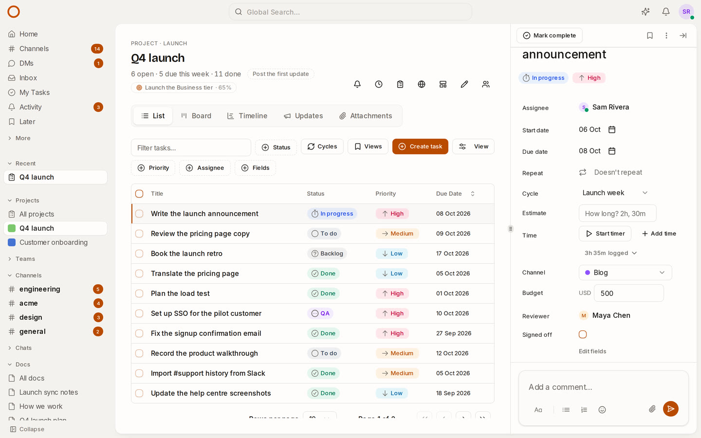 A task's fields in OneCamp: a channel, a budget, a reviewer and a sign-off