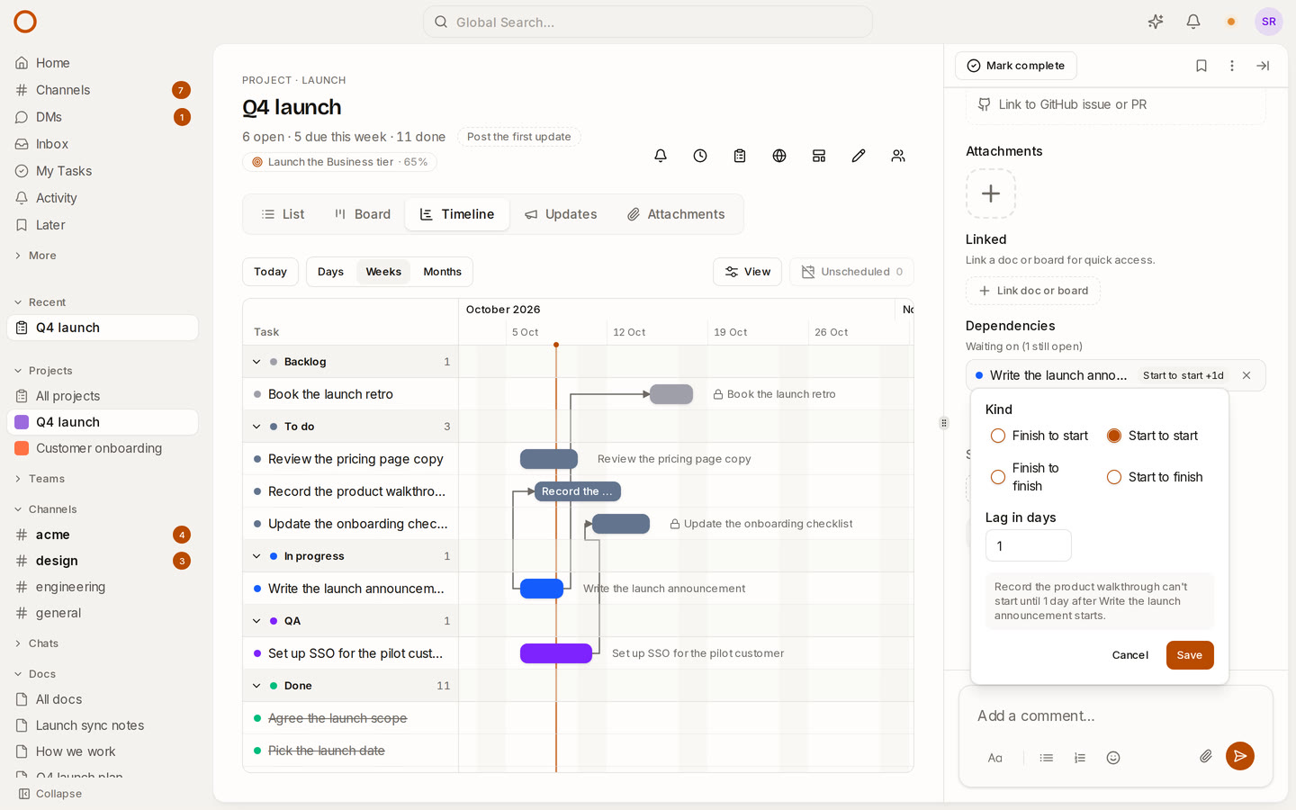 A task's panel in OneCamp, changing a dependency to start to start with a day's lag