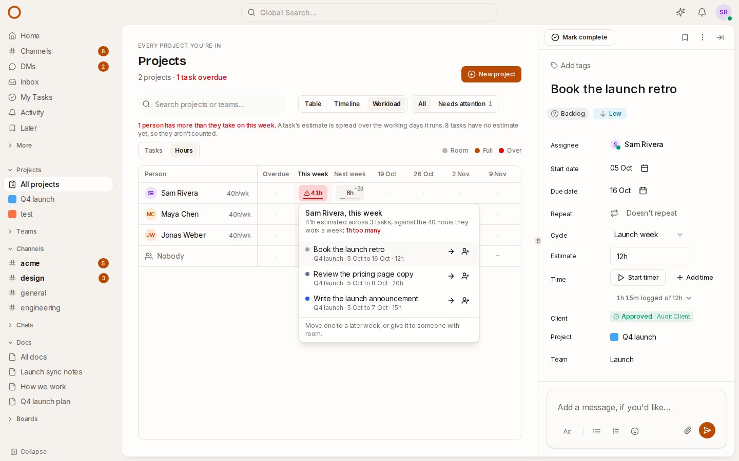 A task's panel with a 12-hour estimate, and 1h 15m logged of it