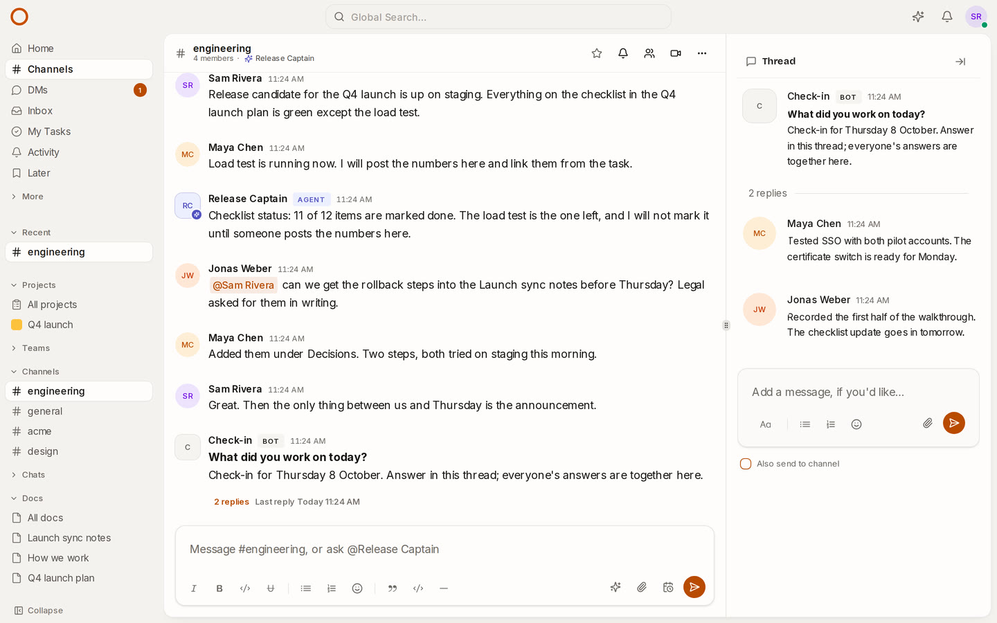 A check-in in a OneCamp channel: the question posted by the Check-in bot, with the team's answers in its thread