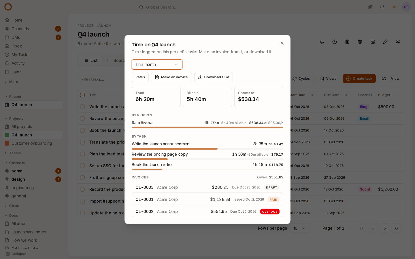 A project's invoices in OneCamp: one paid, one overdue and a draft