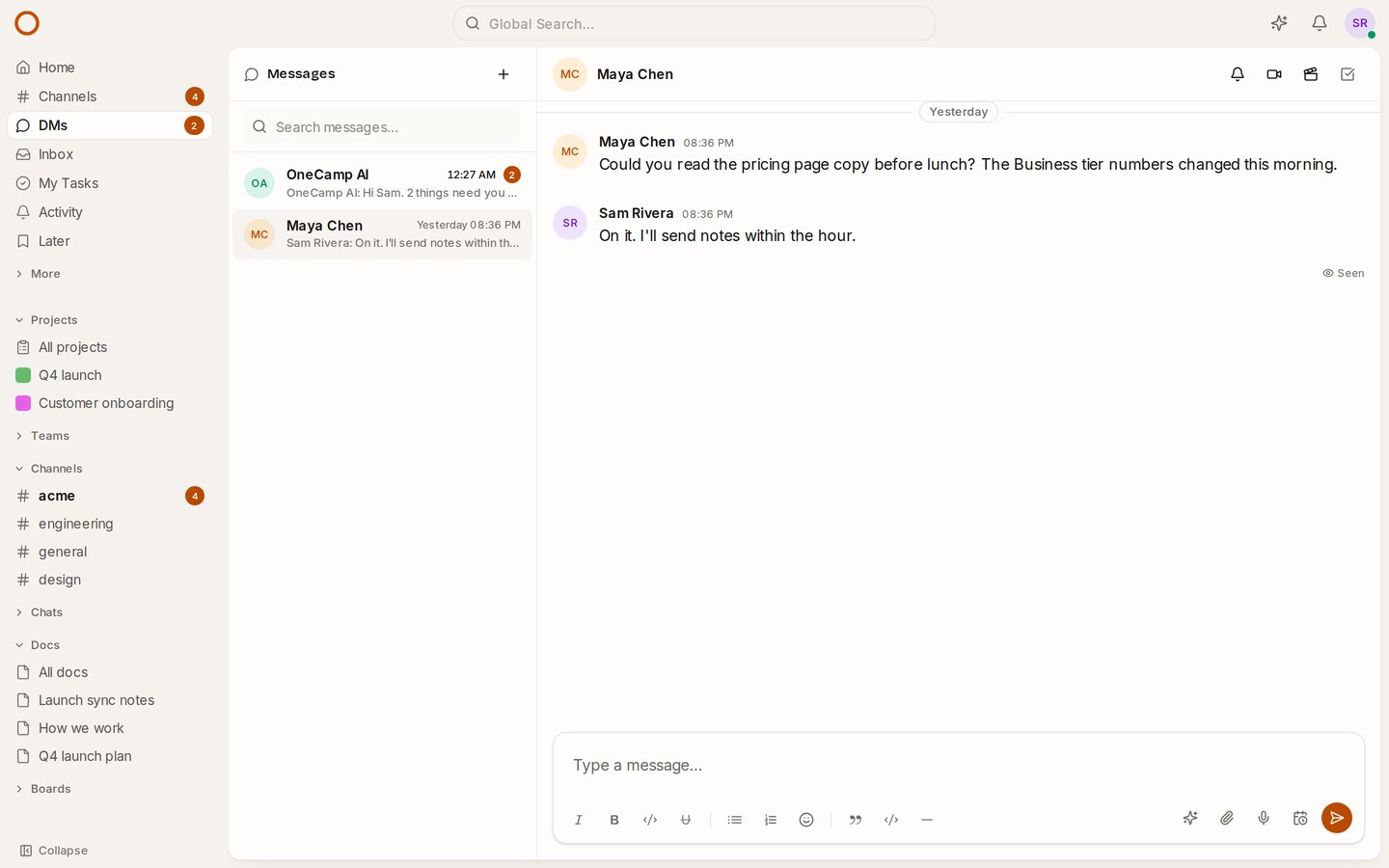 A DM in OneCamp with "Seen" under the sender's latest message