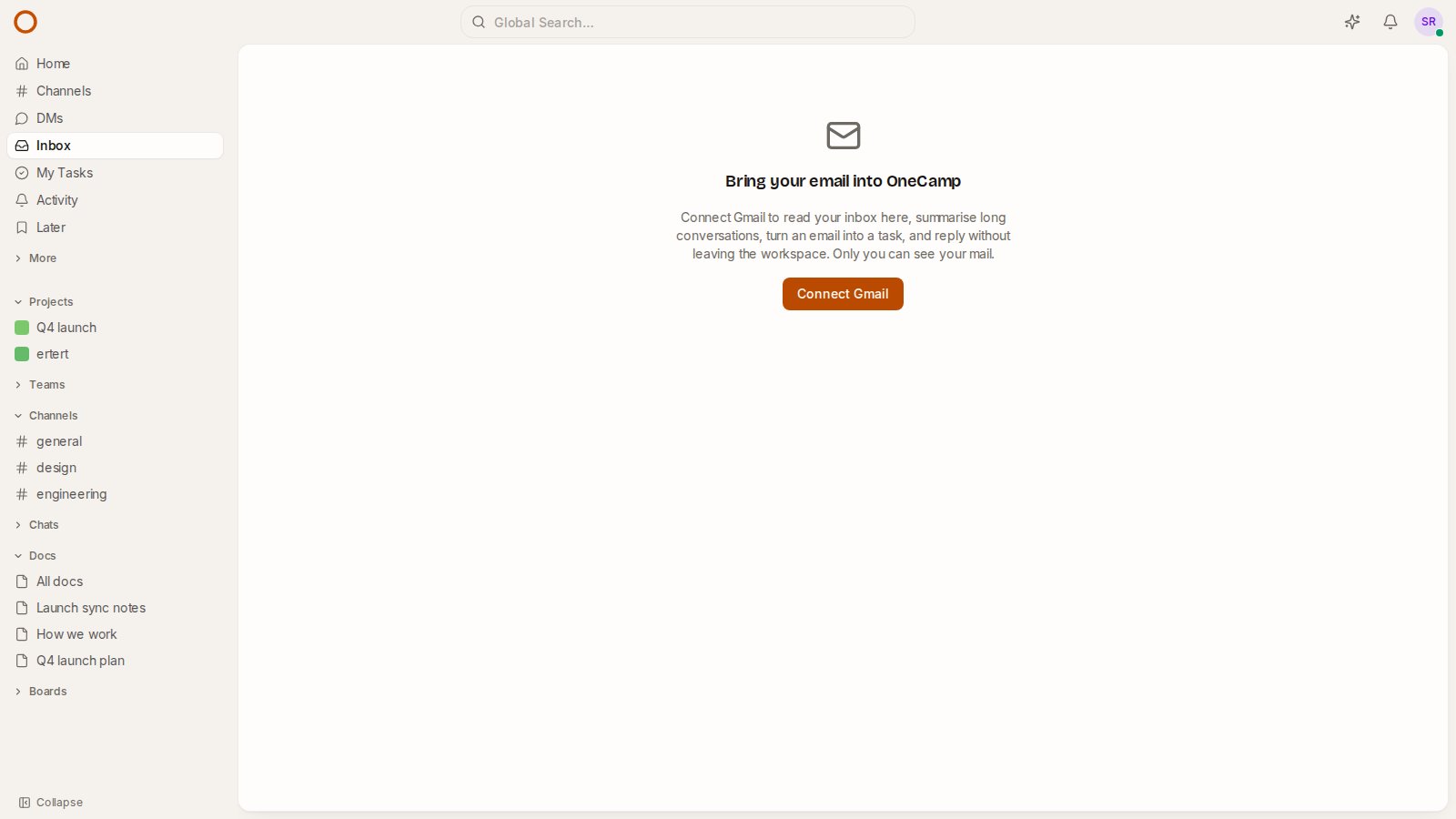 The OneCamp Inbox, asking to connect Gmail, in the live demo