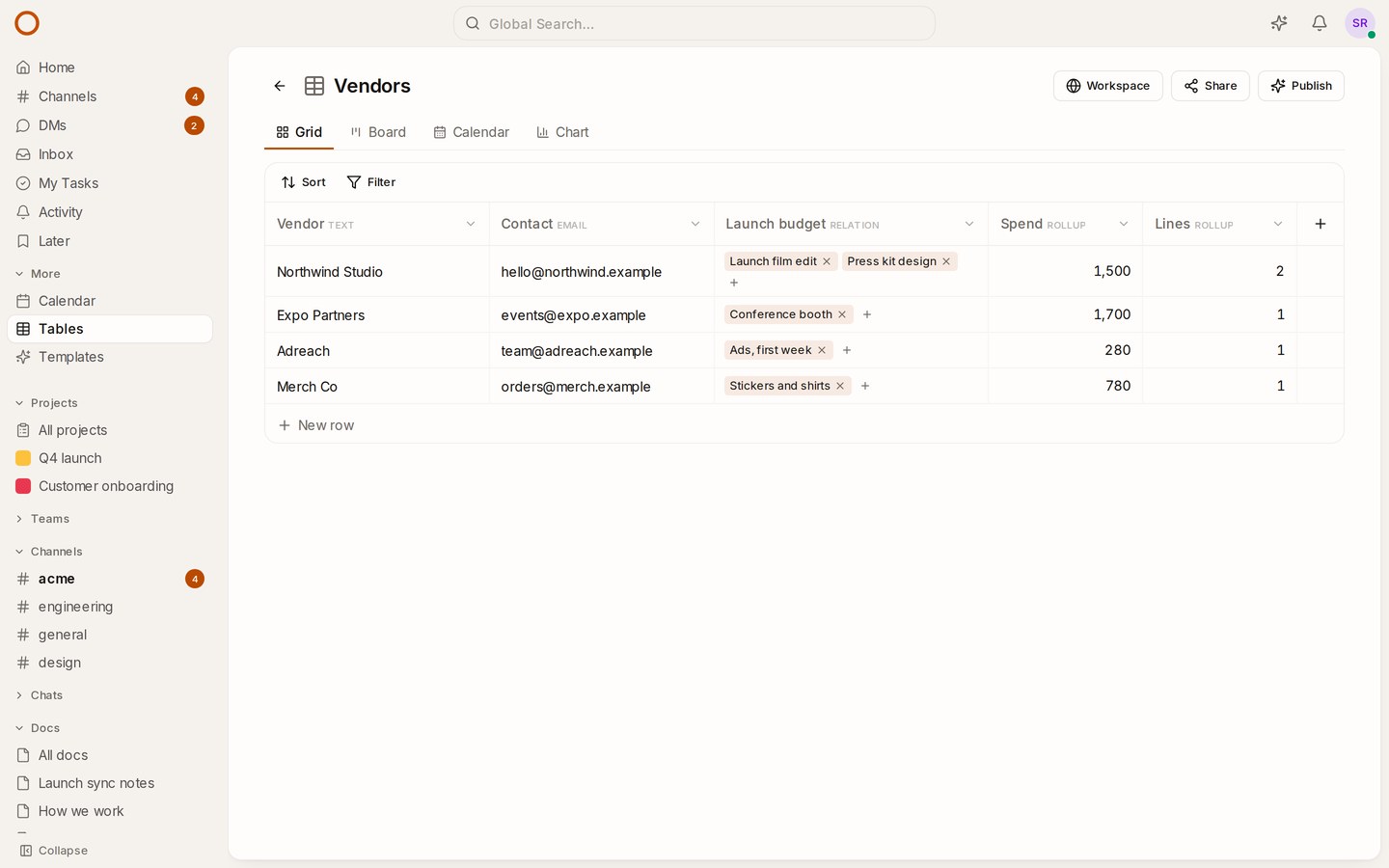 OneCamp's Vendors table: each vendor's budget lines, linked from the Launch budget, and the spend they add up to