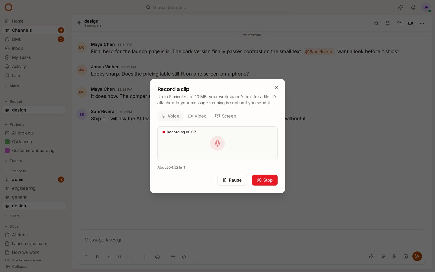 Recording a voice clip in a OneCamp channel